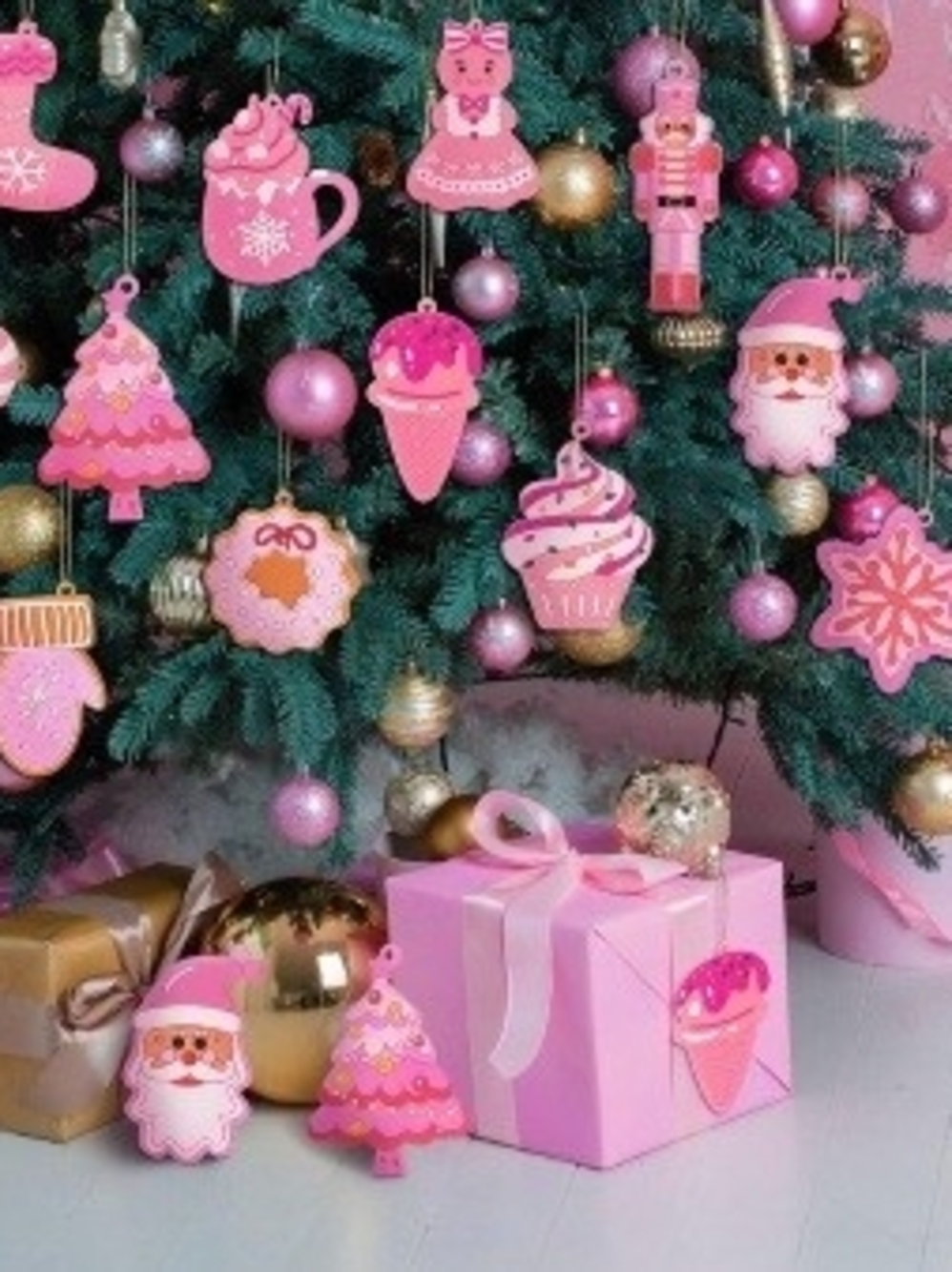 Holiday Pink Christmas Tree Silicone Ornament Set - 24 Count. NWT.